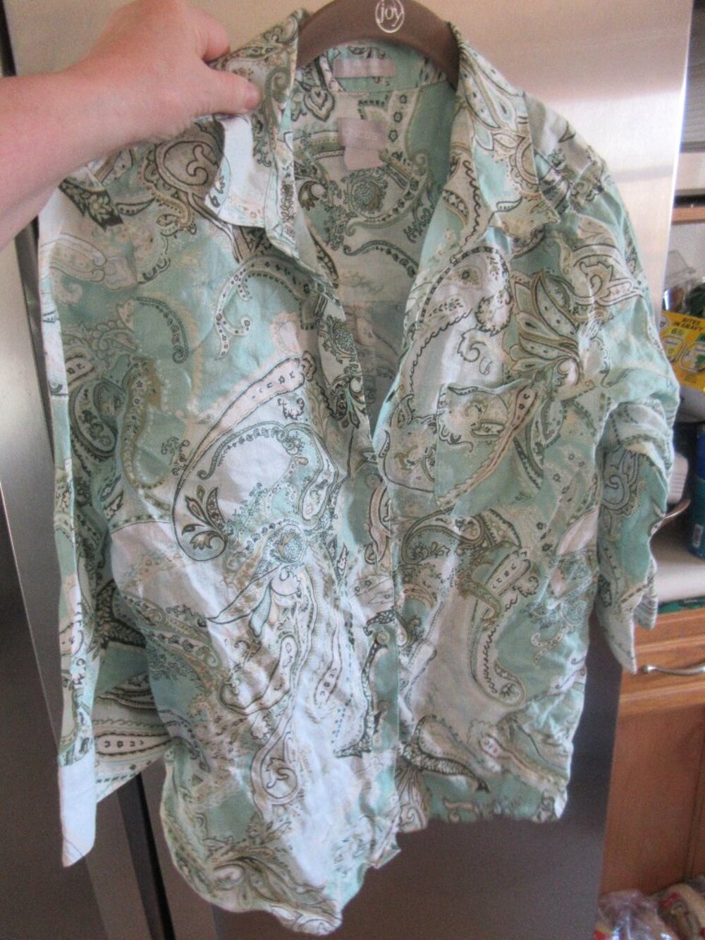 Chico's No-Iron 100% Linen Paisley Button Up Top 3/4 Sleeve Multi 1 s m
